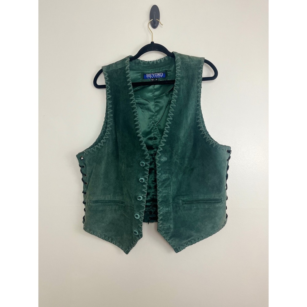 Beyond Leather Vintage Western Suede Vest Medium Green Whipstitch Lace Up Side